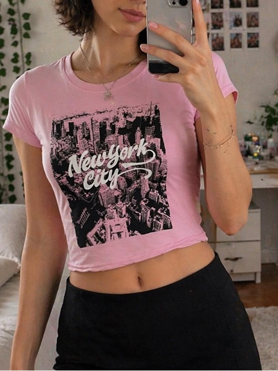 Pink Nyc Baby Tee Small Y2k New York City Graphic Crop Top